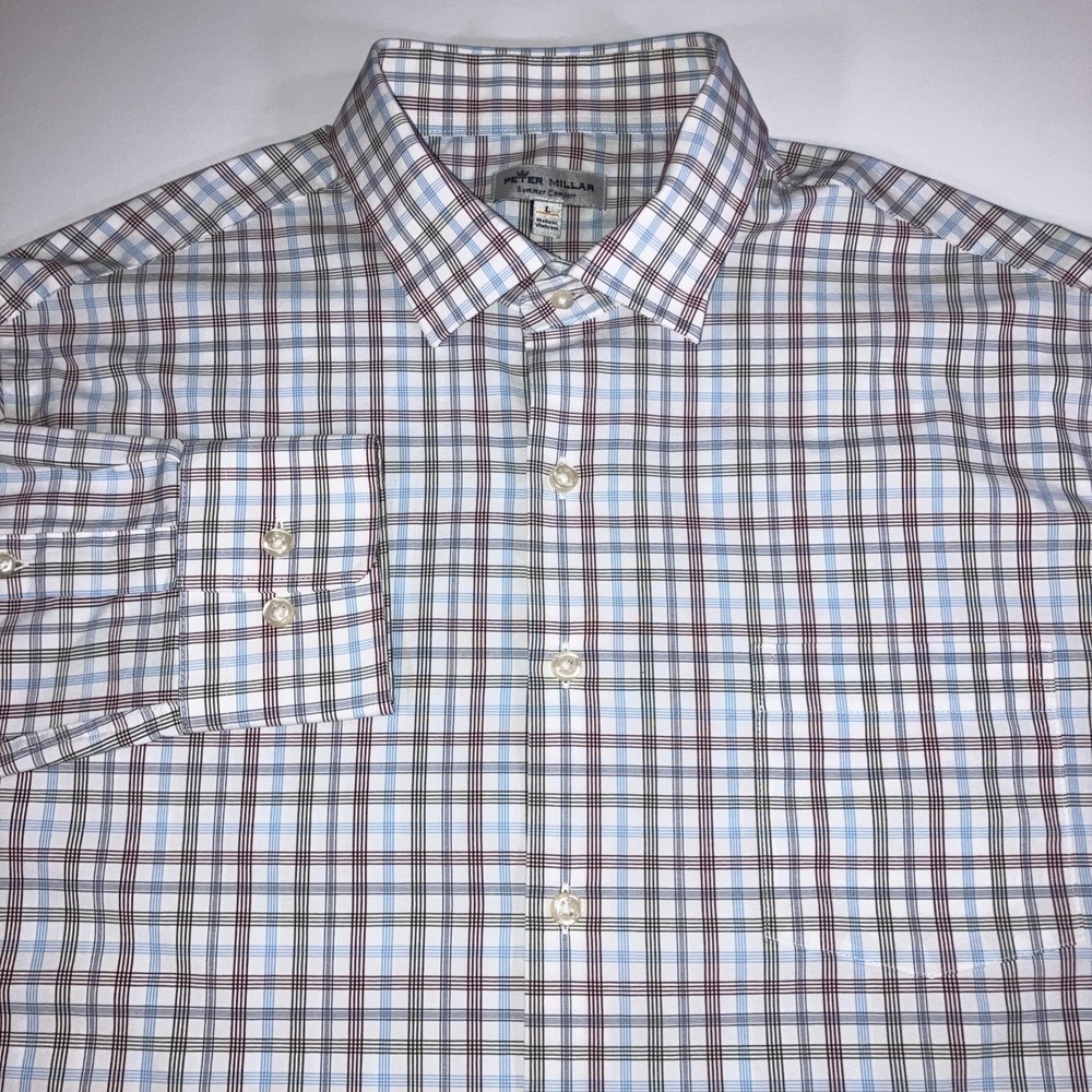 Peter Millar Summer Comfort Shirt L Blue Red Tattersall Check Plaid Button Down